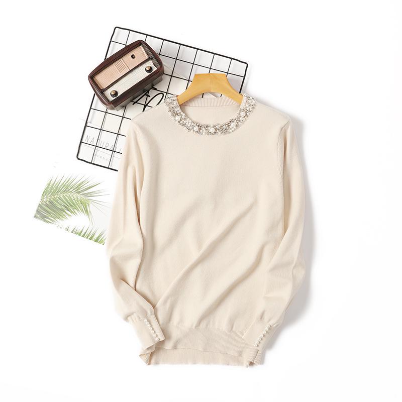 Autumn and Winter Women's Undershirt Pullover Beaded Sweater Women's Knitted Sweater Round Neck Long Sleeve Loose Thin Temperament Undershirt