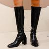 Módní dámské kozačky na vysokém podpatku z lakované kůže nad koleno Podzimní móda Čtvercová špička Dlouhé boty Dámské Zip Blokový podpatek Společenské šaty Boty