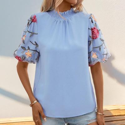 Damenmode Casual Sommer Frühling Blumenmuster Druck Kurzarm Stehkragen Blusen & Hemden
