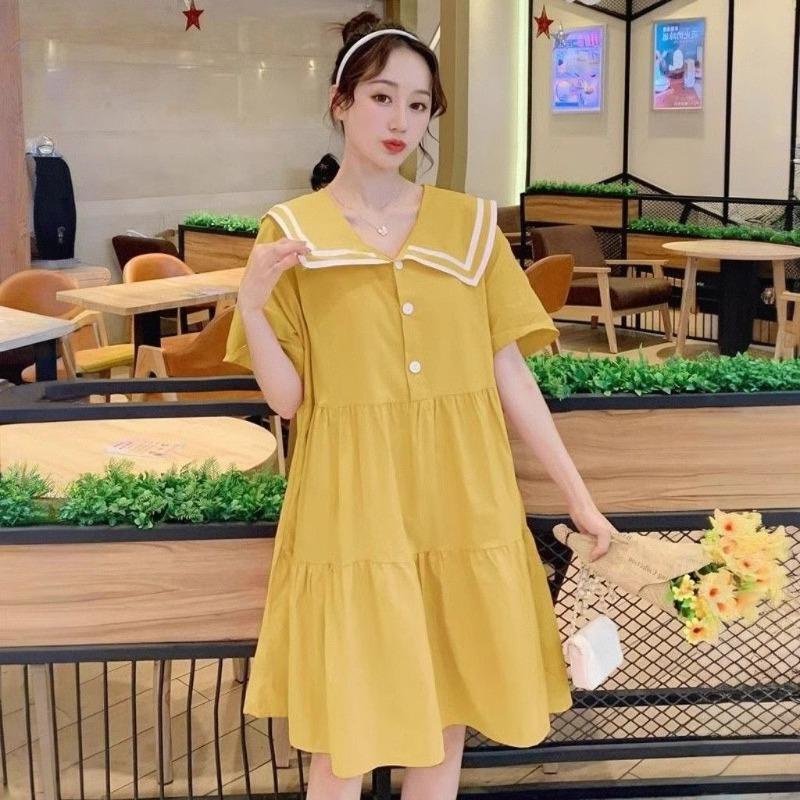 Maternity clothes summer small fresh and sweet navy collar dress women's summer loose large size high waist thin maternity dress