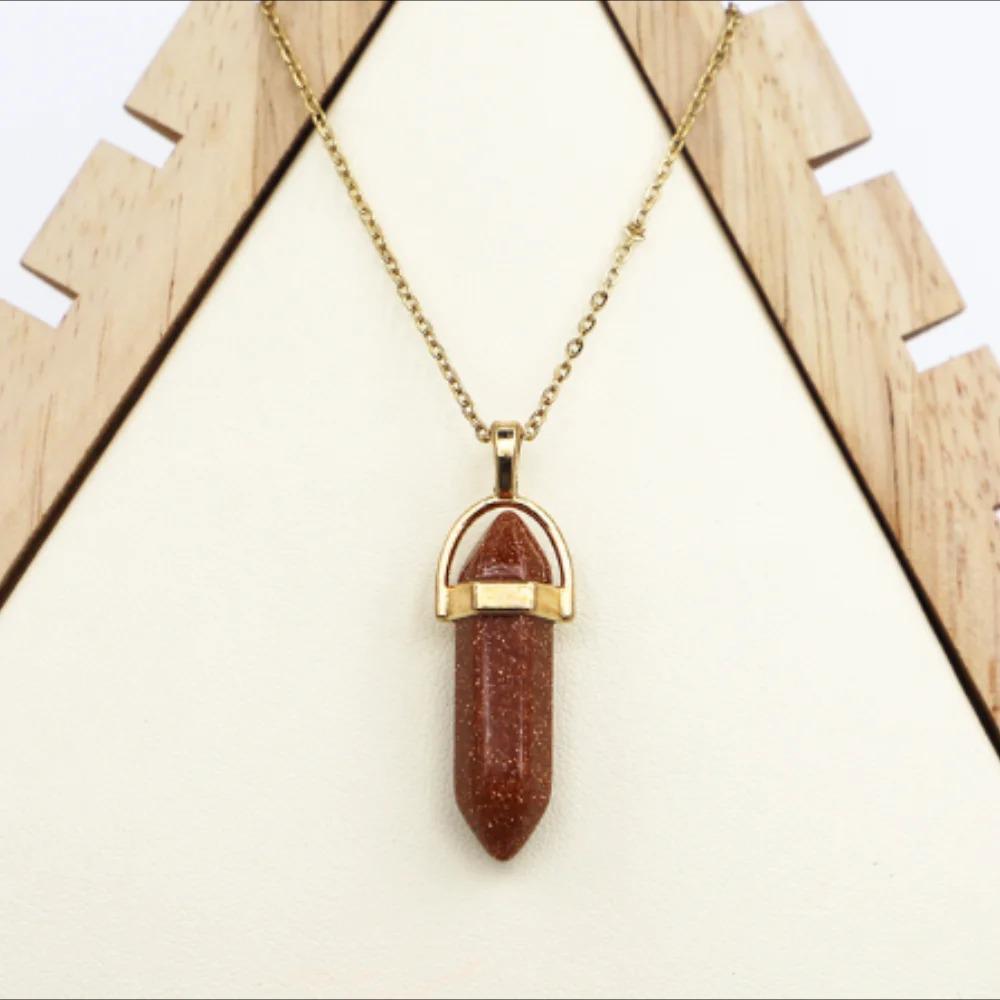 Crystal Agate Hexagonal Pendant Necklace with Gold Alloy Chain and Adjustable Extension