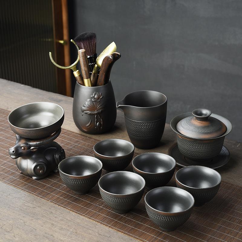 Purple Clay Jumping Knife Kung Fu Tea Set2025New Retro High-End Household Tea Brewing Special Gaiwan Teapot Teacup
