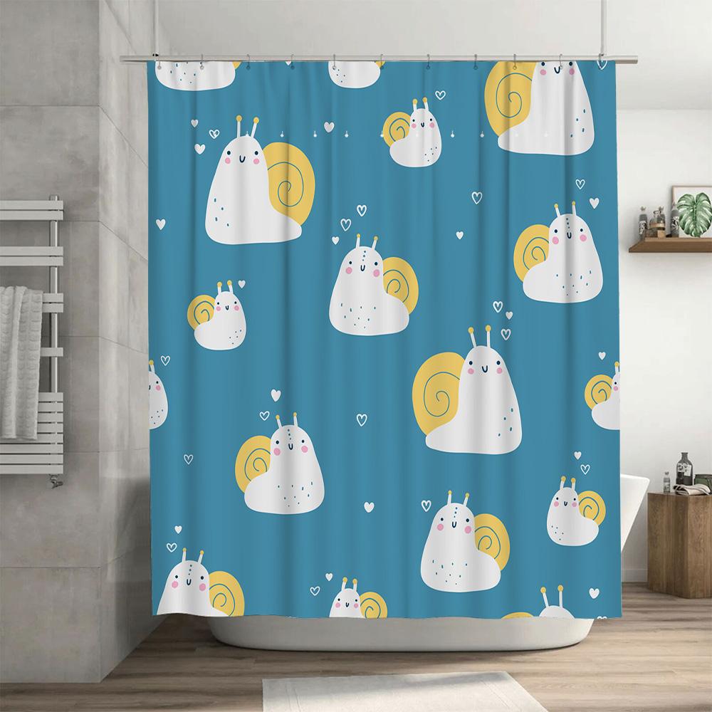Adorable Cartoon Snail Shower Curtain For Bathroom Decor Blue Background With White Hearts Pattern Waterproof Fabric Easy Instal