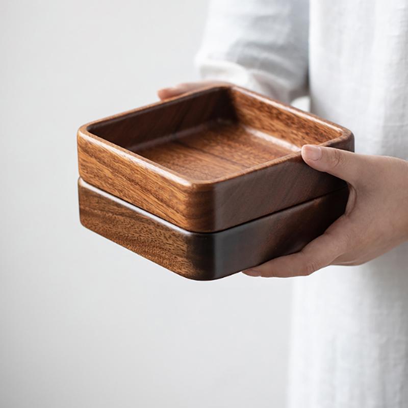 Nordic Style Stackable Plate Walnut Wood Plate Square/ Round Tray Tableware Household Simple Confectionery Plate Fruit Plate