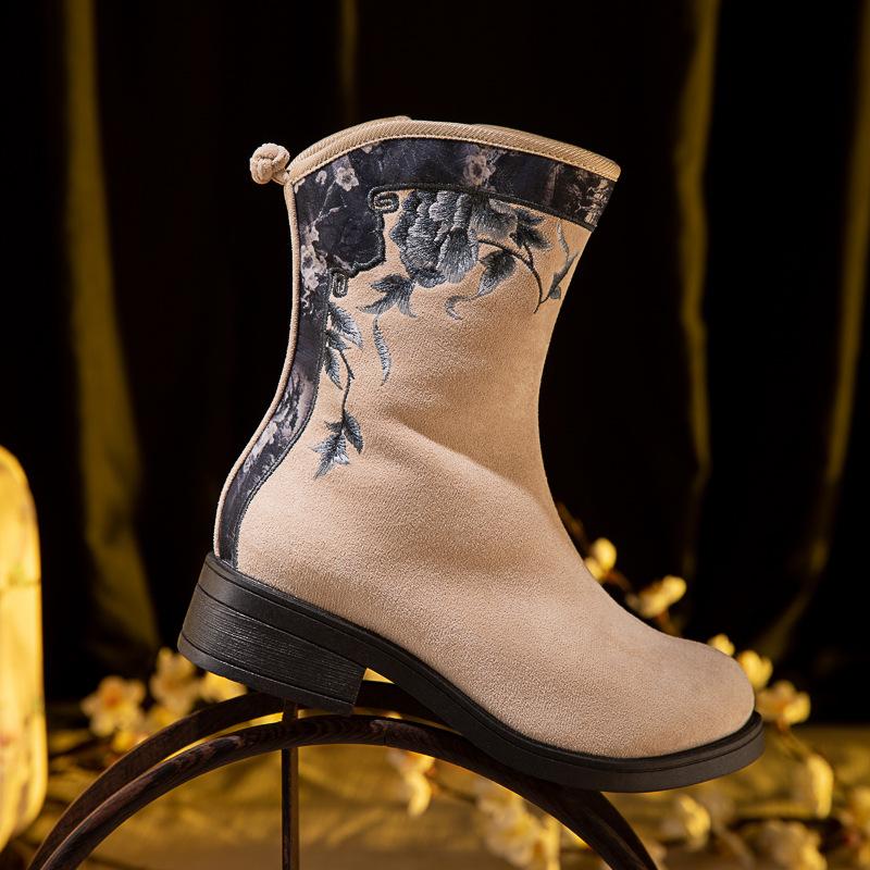 Winter Warm Snow Boots for Women Low Heels Embroidered Ankle Booties Shoes Women's Chunky Block Heeled Faux Fur Lining Walking Boots With Side Zipper