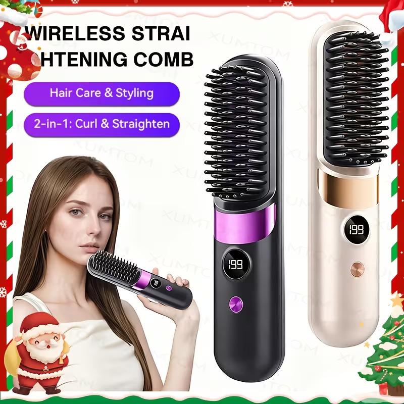 Wireless 2-in-1 Straightening Curling Comb Anti-Scald LED Display USB Rechargeable Portable for Home Travel All Hair Types
