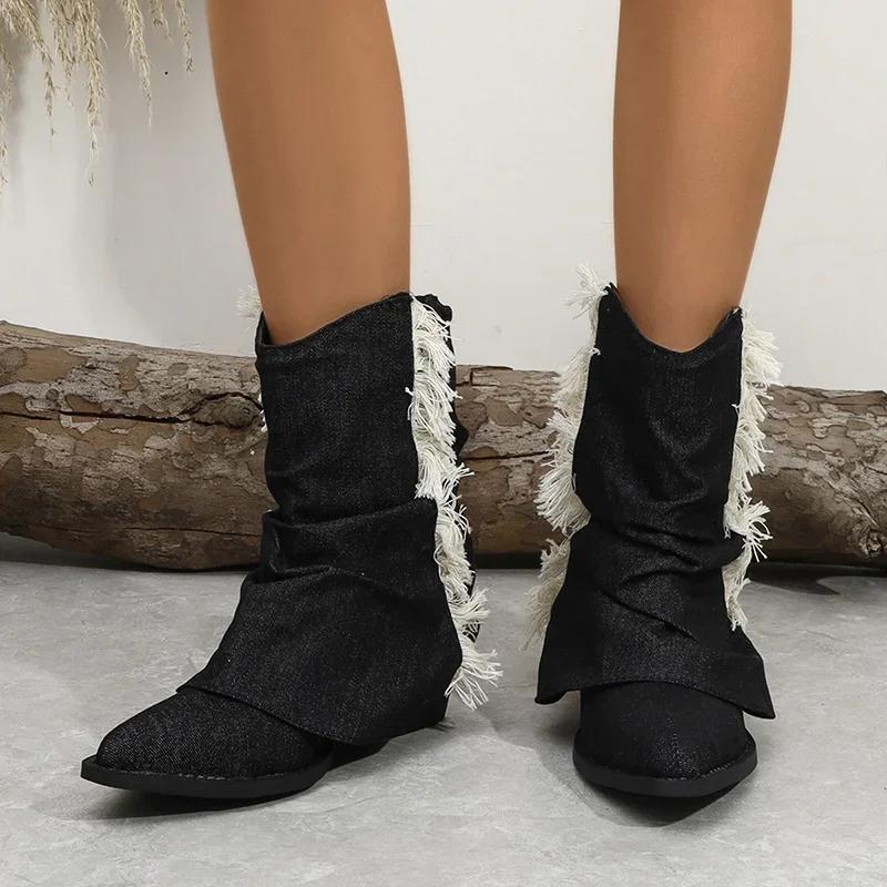 Vintage Thick Heel Women Denim Western Cowgirl Boots Fashion Slip On Shoes Autumn Winter Ladies Tassels Short Booties