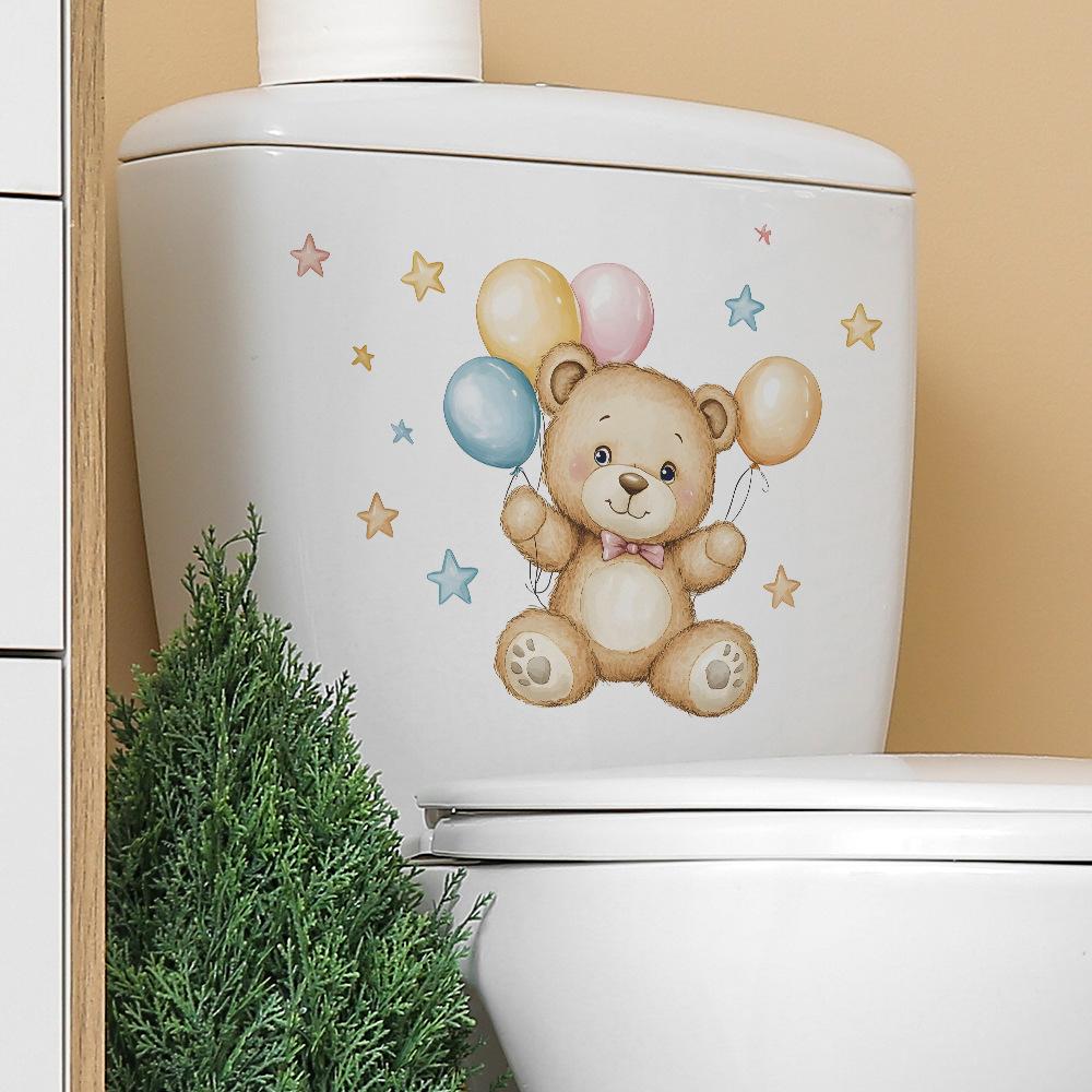 Playful Bear with Balloons Toilet Sticker Waterproof Self-Adhesive Removable Decal for Bathroom WC Home Decor