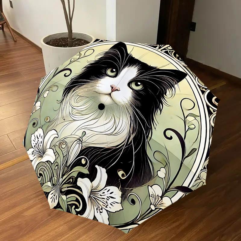 1PC Cat, floralAutomatic Open/Close Umbrella with Windproof, 8-Rib Sturdy Canopy, Durable Ribs, Fashionable Design, Outdoor Accessory, Fun Prin, Holid