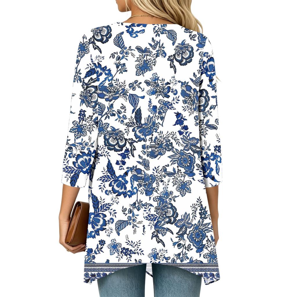 Women's Vintage Floral Print Three-Quarter Sleeve Cardigan Casual Loose Fit Lightweight for Spring Summer