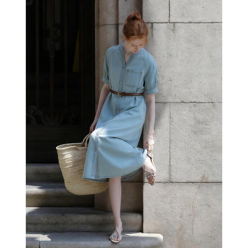 Demana Denim Cloud Cotton Round Neck Belted Dress