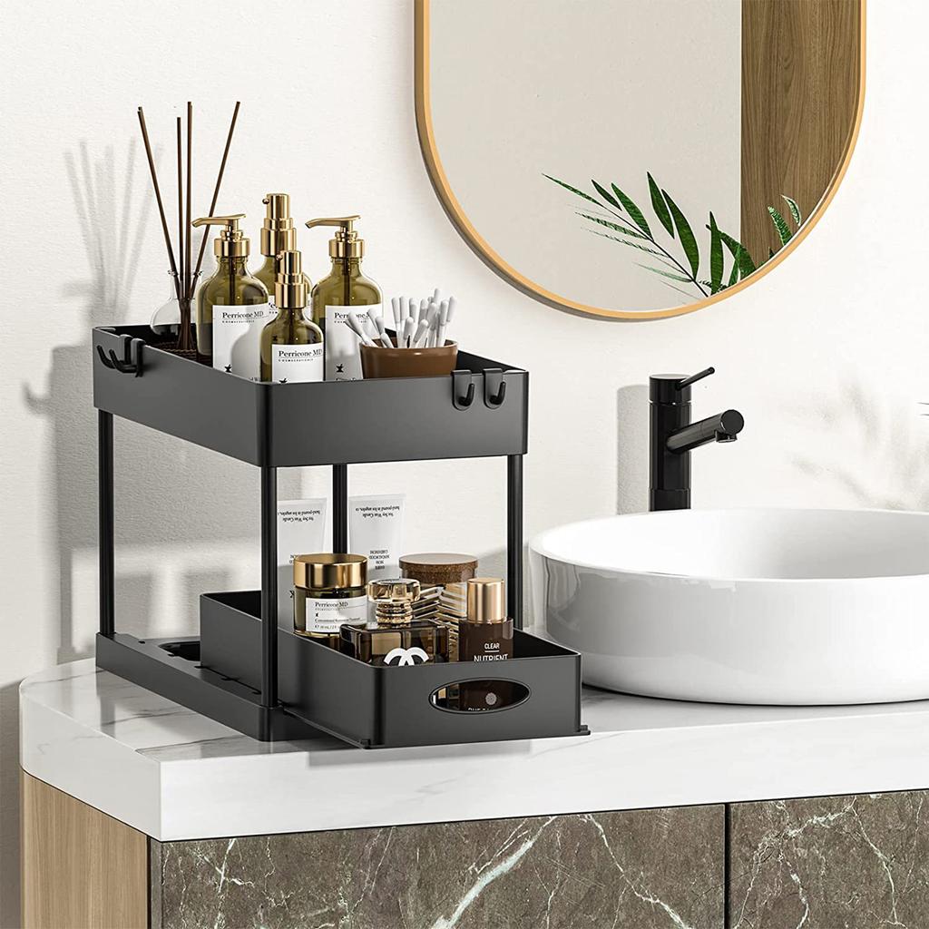 Organizzatore Sottolavello A Forma Di L Estraibile – Scaffale A 2 Livelli In Acciaio Con Ventose, Per Bagno E Cucina