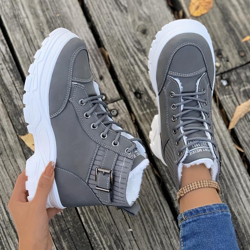 Kurze Plateaustiefel für Damen in Volltonfarbe, modische Stiefel mit Schnürung und Plüschfutter, bequeme Winterstiefeletten