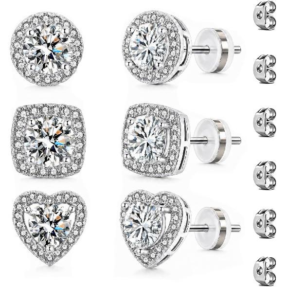 3 Pairs Cubic Zirconia Stud Earrings 925 Sterling Silver Earrings For Women | Hypoallergenic Halo Stud Earrings 14K Gold Plated Heart Round Square