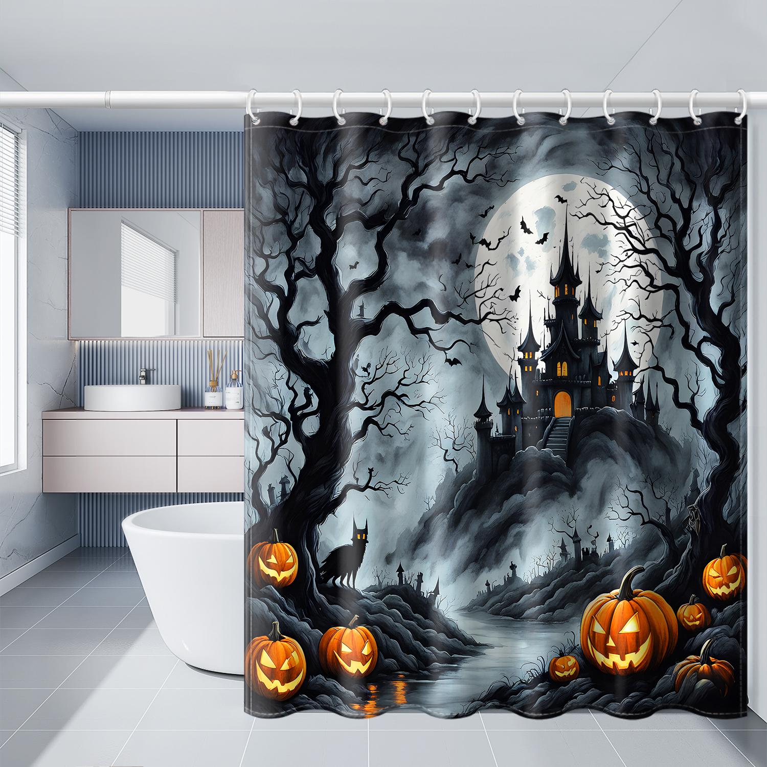 

1Pc Dark Night Castle Pumpkin Bat Shower Curtain With Plastic Hook, Halloween Cartoon Festival Style Bathroom Partition Curtain W60H190(CM)-1 Pcs