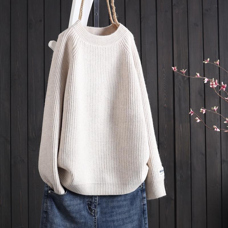 2024 Autumn/Winter Women's Round Neck Loose Knit Sweater: Simple Solid Color, Long-Sleeved Pullover