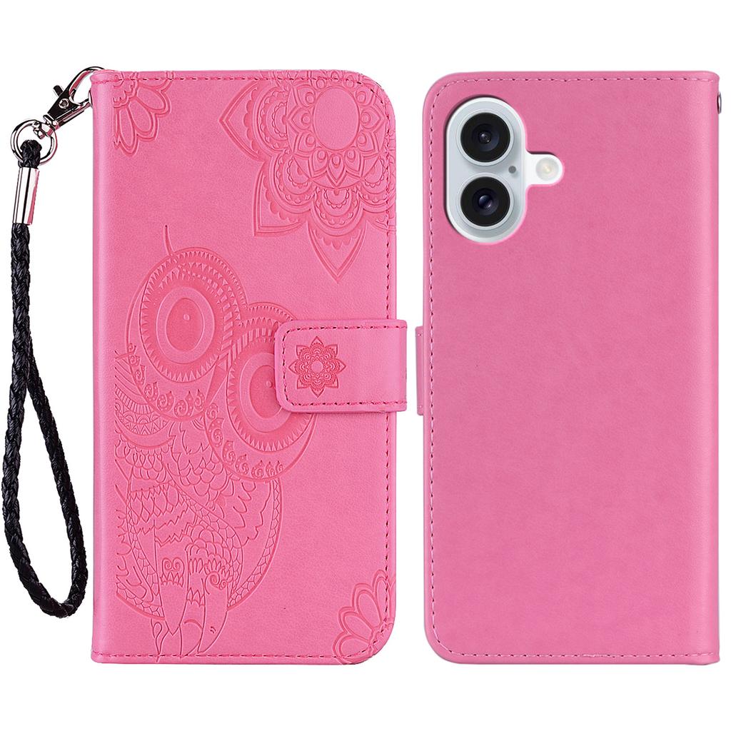 For iPhone 16 Plus Case Owl Flower Imprinted Leather Cover Wallet with Strap