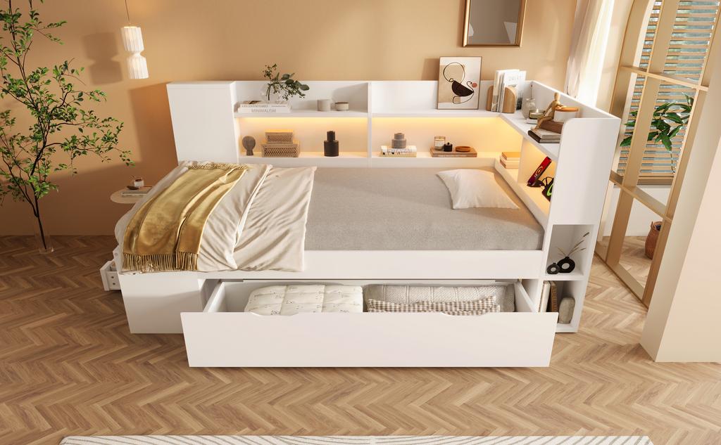 Daybed 90x200 cm White Single Youth Bed, Wood-Based, LED Lighting, USB & Type-C Charging, Shelves & Drawers, incl. Slatted Frame (With Mattress)