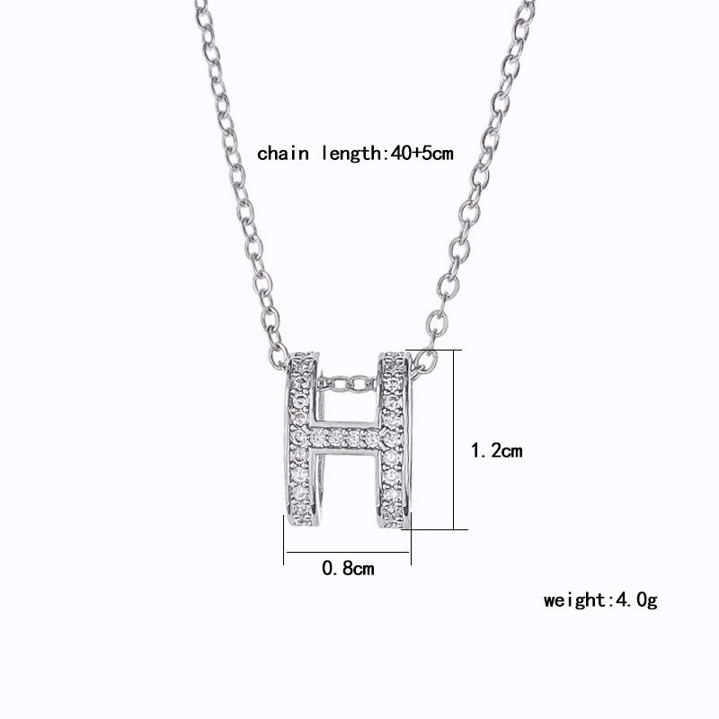Women Silver Full Diamond H Pendant Titanium Steel Necklace Ins Style Clavicle Chain