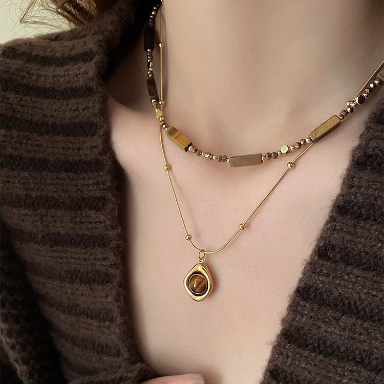 Autumn/Winter Layered Tiger Eye Pendant Necklace for Women - Double Clavicle Chain with High-End Sweater Chain Style