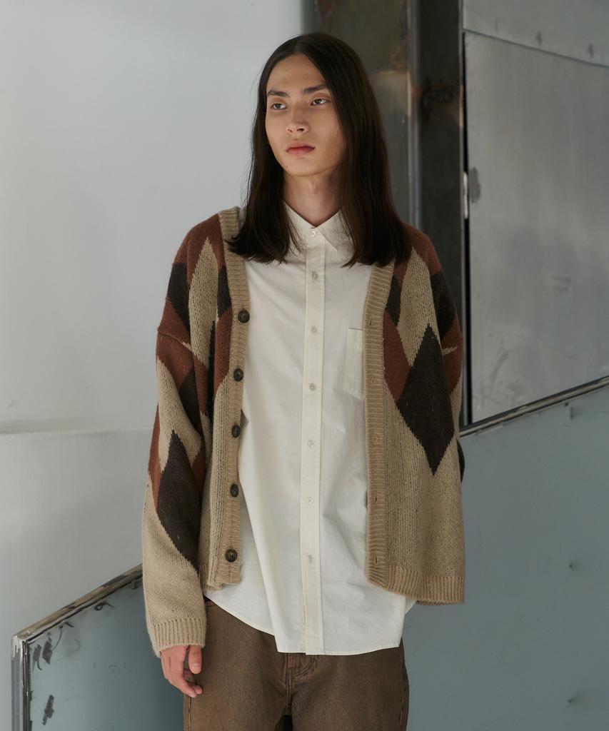 Knitted Bulky Brushed Argyle Cardigan Brown