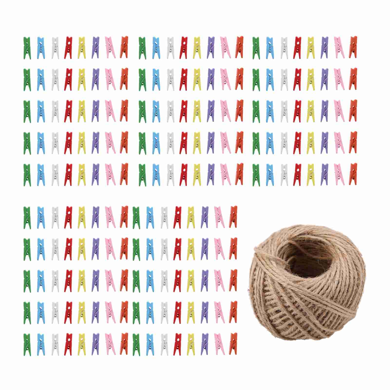 

200pcs Natural Wooden Mini Clothespins Clip Peg with 1 Roll 50 Meter Jute Twine Crafts Decor