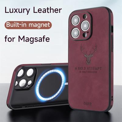 Custodia Magsafe in pelle di lusso con testa di cervo per iPhone 16 15 14 13 12 11 Pro Max Plus da uomo e da donna, antiurto, con ricarica wireless magnetica