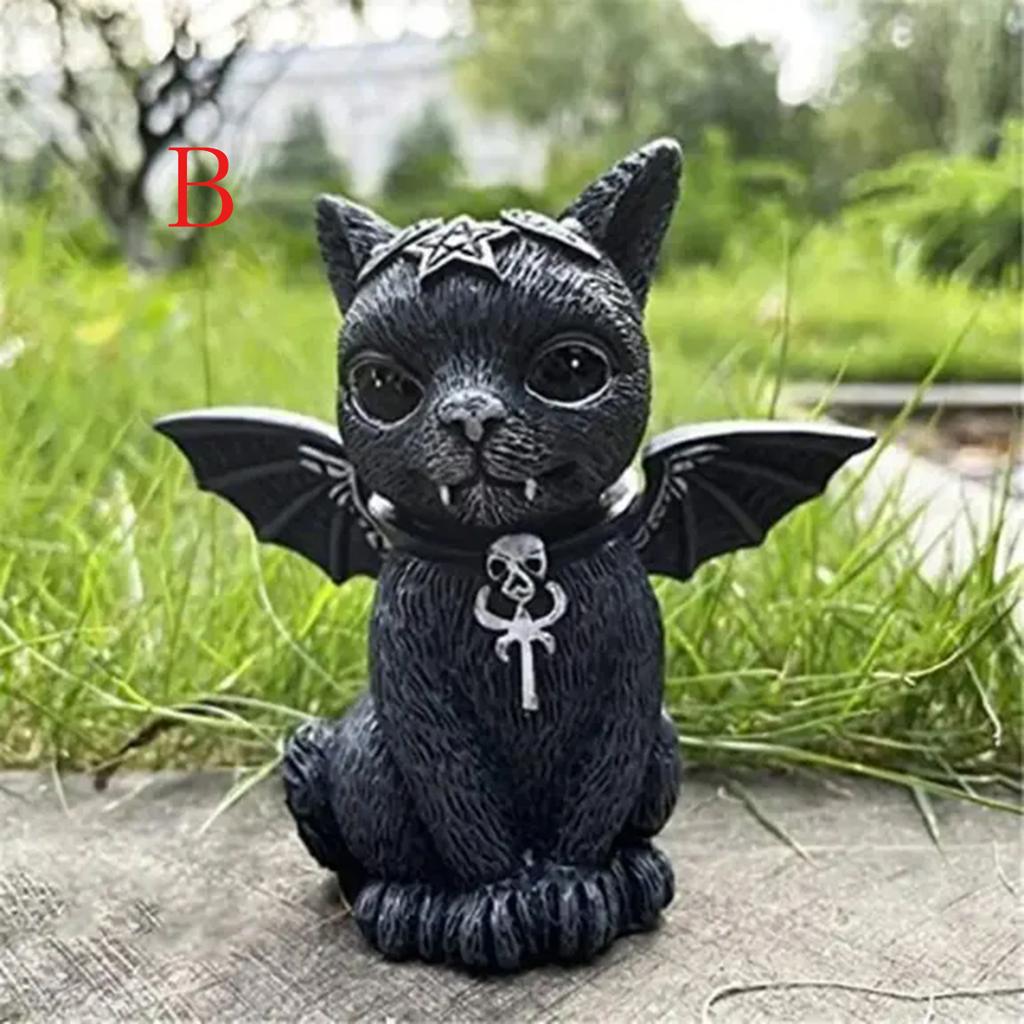Schwarze Katzenstatue, geheimnisvolle süße Katzenhexe, Katzenfigur, Hexendekor, Schreibtischornament, handbemalte Skulptur für Halloween