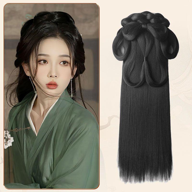 Wei Jin Headdress & Hanfu Costume Wig Set: Includes Warring States Robe, Hair Bun, Ma Mian Skirt, and Hair Accessories.