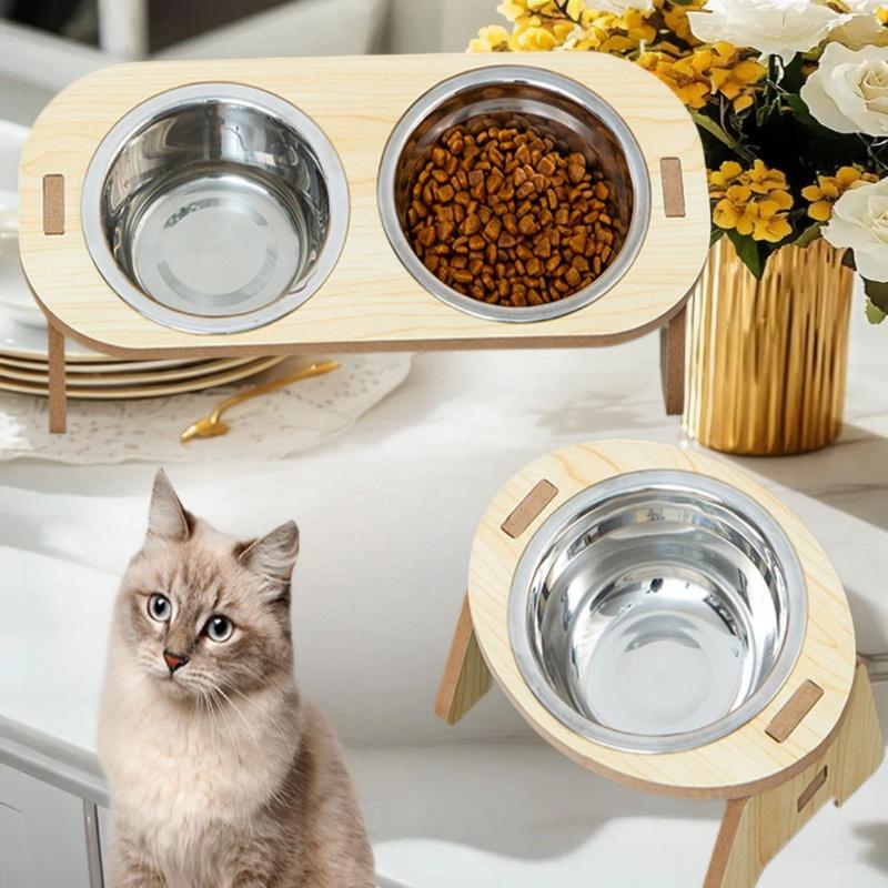 Cat And Dog Feeding Bowls Anti-tip Bowls Stainless Steel Pet Bowls With Wooden Supports Neck Protection Design 2 In 1 Water Bowl