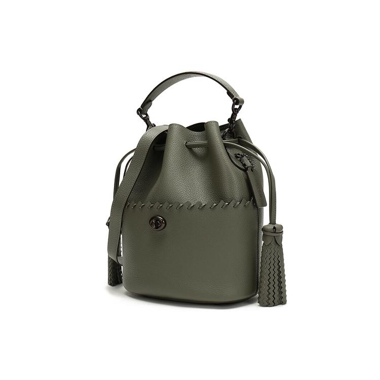 COACH Lora Leather Drawstring Water Bucket, Fringe Bag, Handbag, Shoulder Bag Women's Green 651-V5QUF