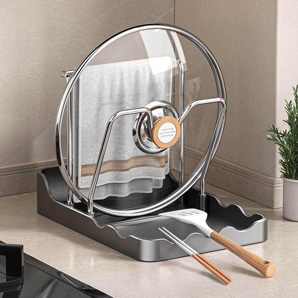 Stainless Steel Pot Lid Organizer While Cooking Kitchen Pot Lid Storage Rack with Spoon Rest for Stovetop and Kitchen Counter