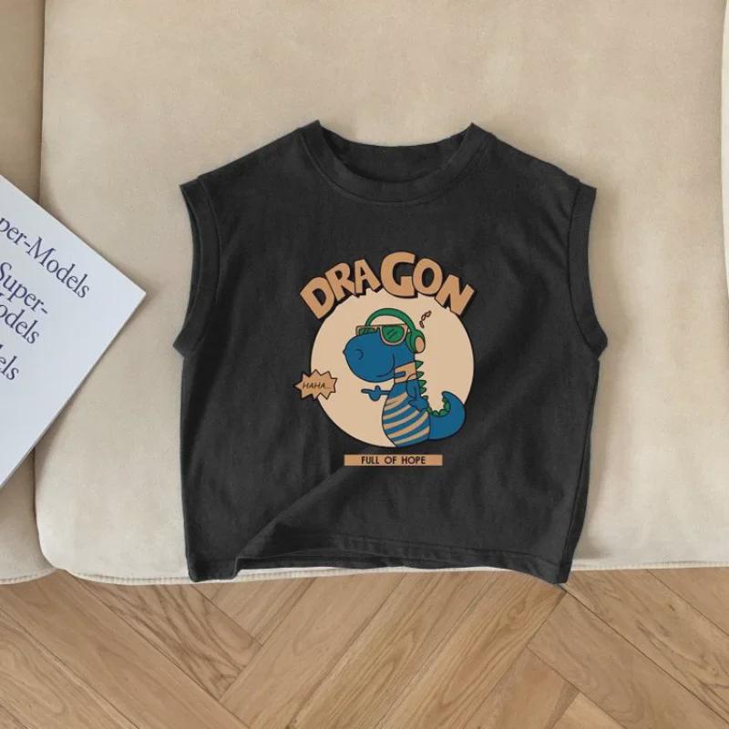 2024 Fashionable Dinosaur Cartoon Sleeveless Cotton T-Shirt for Boys & Girls - Summer Casual Top