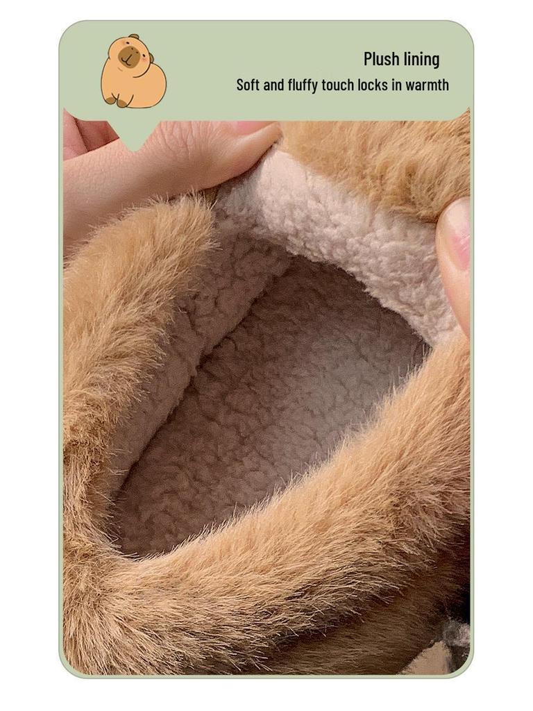 Capybara Winter Cotton Slippers: Cute Non-Slip Indoor Fur Shoes with Package Heel for Couples.