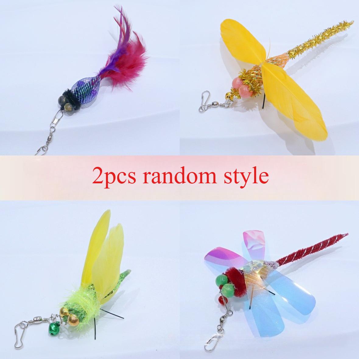 

2pcs random style Colorful Simulation Goldfish Insect Cat Teaser Stick Heads Feather Pet Toy