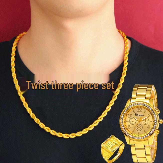 Unique Vietnam-Inspired Gold Necklace & Non-Fading Gold Watch Set for Men