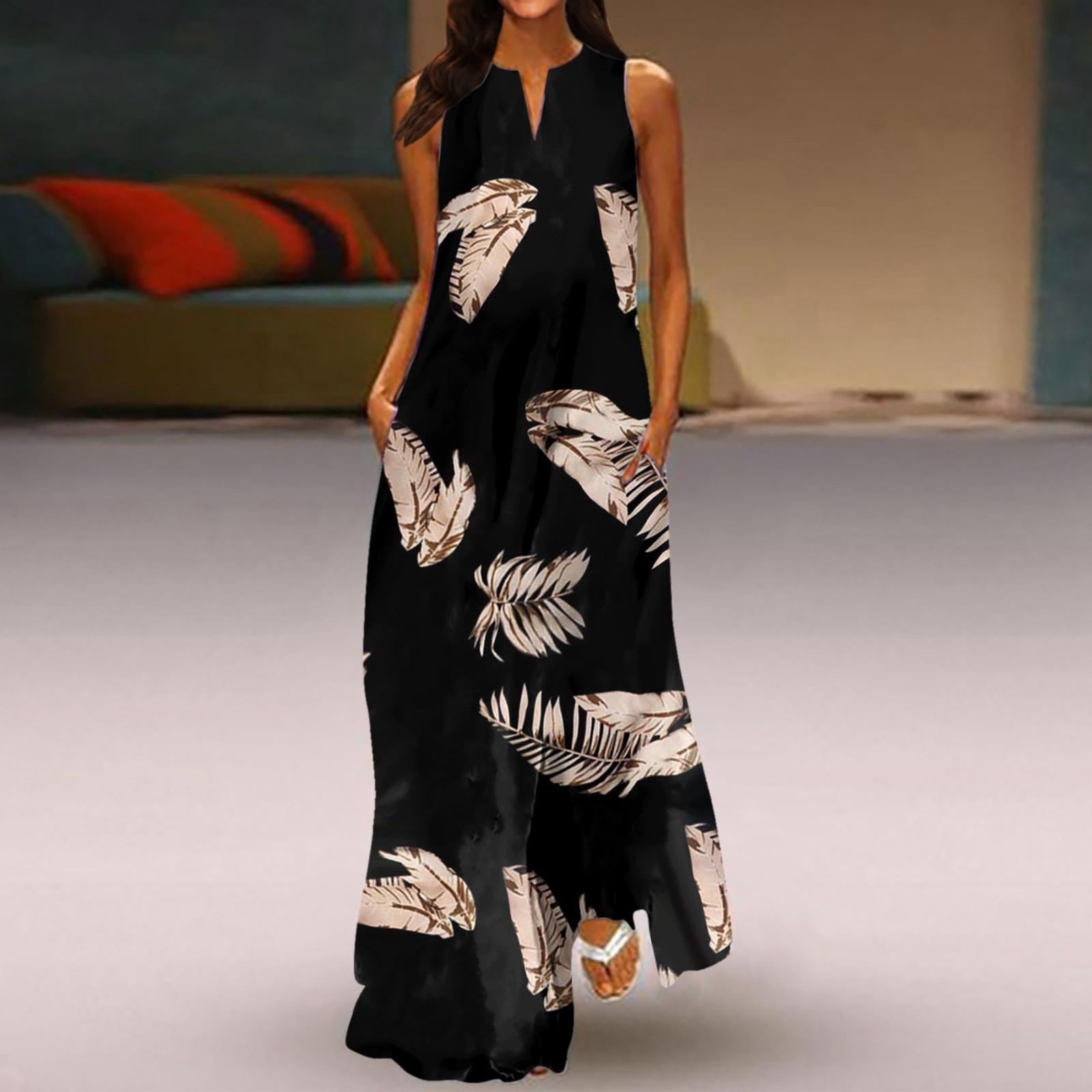 

Женское новое весенне-летнее модное классическое длинное платье без рукавов с цветным принтом и v-образным вырезом XL