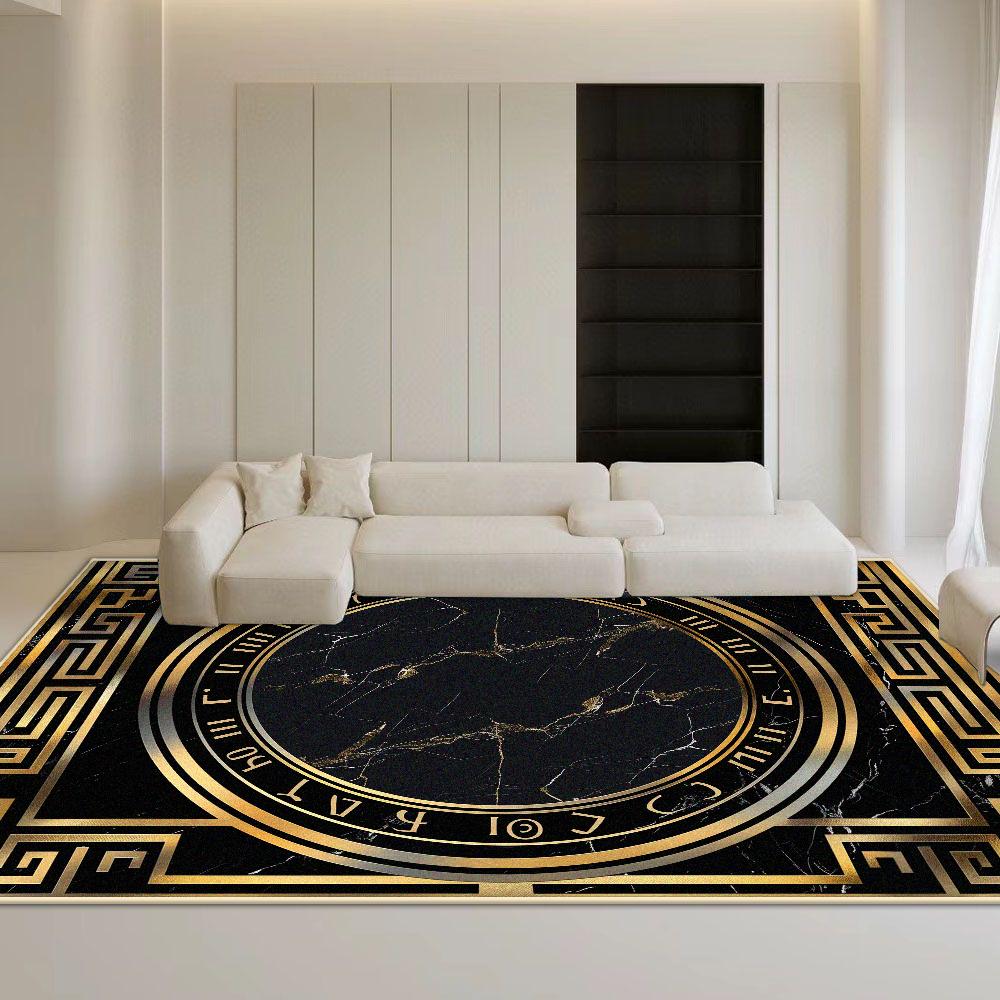 Marble Style Black Carpet Non-slip Big Size Golden Border Luxury Decor Rug for Living Room Soft Easy Cleaning Coffee Tables Mat