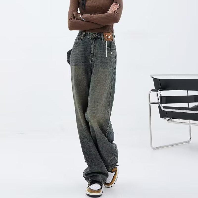 

Женские джинсы с высокой посадкой, потертостями, прямые - стройнящие, свободного кроя, длиной до пола (Весна/Осень 2025) XL синий