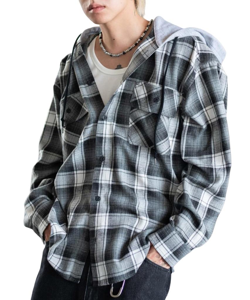 WEGO Unisex Check Ombre Check Long Flannel Casual Size Black Check Men's Shirt, Hoodie, Sleeve, Shirt, Outerwear, Fall/Winter Gift, L,