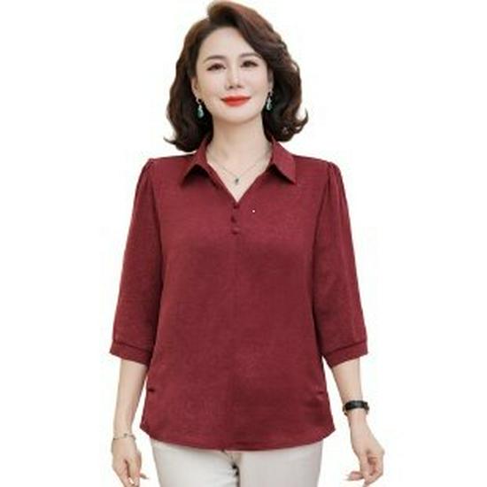 

2026 Summer Stylish Seven-Sleeve Lapel Shirt for Middle-Aged & Elderly Women - Plus Size Options 2XL червоний