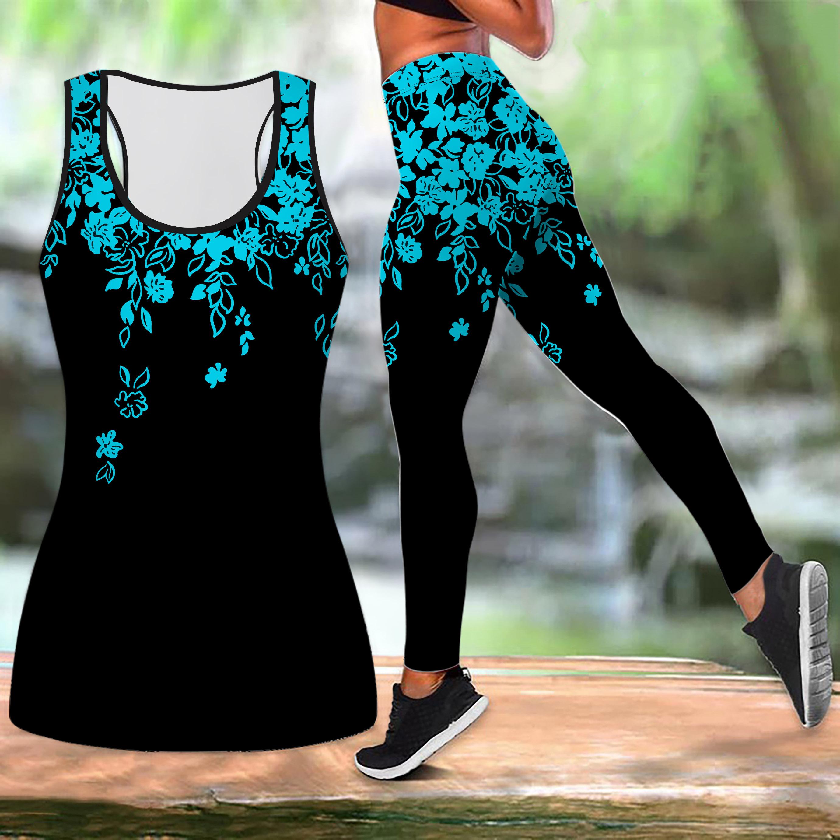 

Синий и элегантный цветочный принт йога костюм для женщин модные леггинсы для тренировок фитнес спортивный повседневный комплект для йоги спортивный костюм 4XL темно-синий