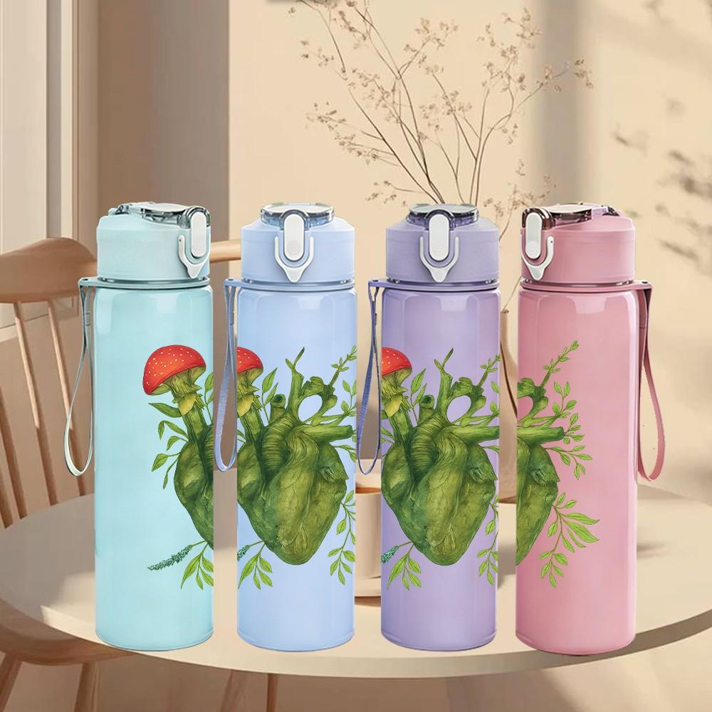 1PC Green Heart Plant Art 750ml Color Plastic Sports Water Bottle Leakproof Flip Straw Lid Suitable for Sports Office Home Use