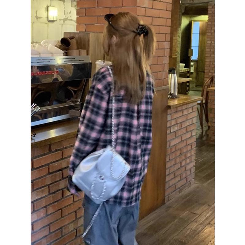 2024 Black & Pink Plaid Women's Shirt - Spring/Autumn Sunscreen Jacket, Korean-Style Niche Design