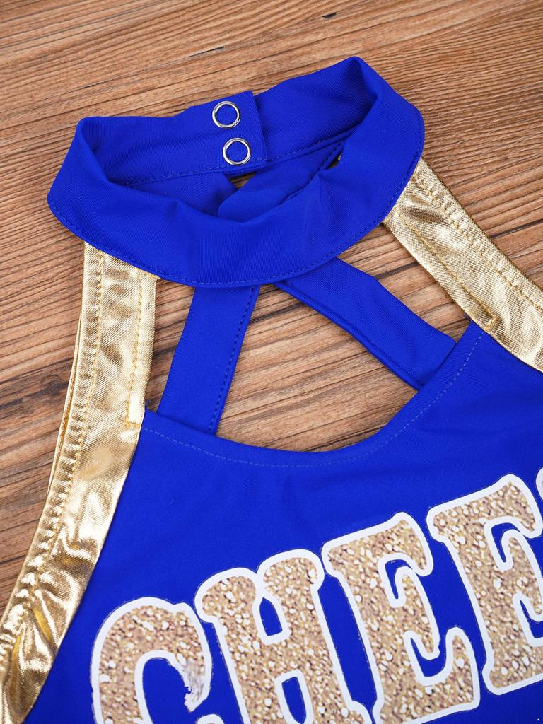 Kid Girls Cheerleading Skating Costume Hollow Back Pleated Dance Dress Stage Competition Dancewear Sport Meeting Team Uniform