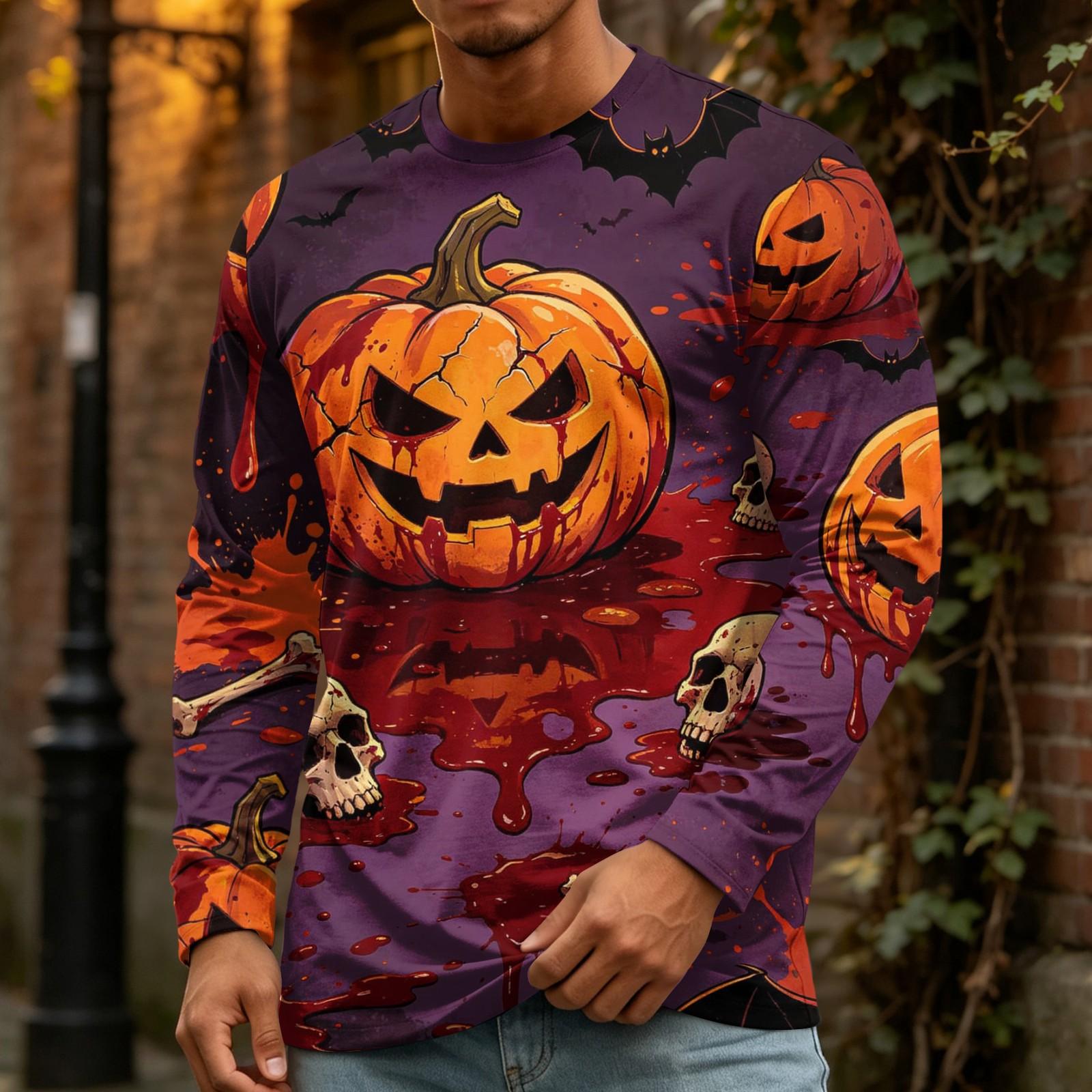 Men s Halloween Print Long Sleeve Neck T-Shirt Loose Fit Casual Top XXXL