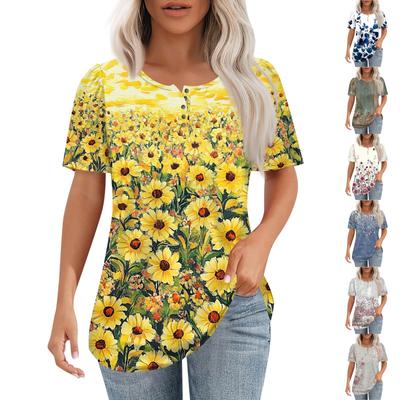 Damen Pullover mit Rundhalsausschnitt, modisch und lässig, kurzärmelig, Knopfleiste, Blumendruck
