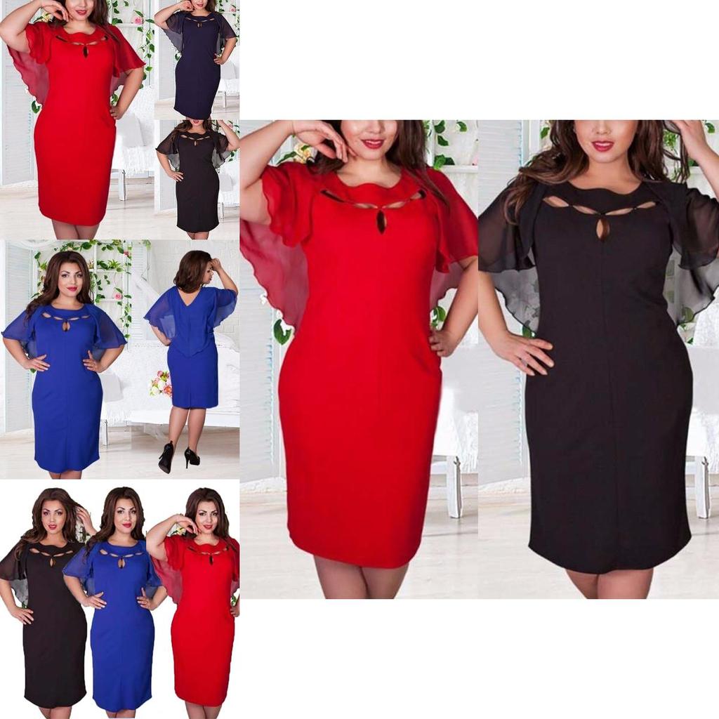 Damska Modna Sukienka Plus Size 6XL z Wycięciami, Krótkim Rękawem, Jednokolorowa, Dla Swobodnego Stylu**