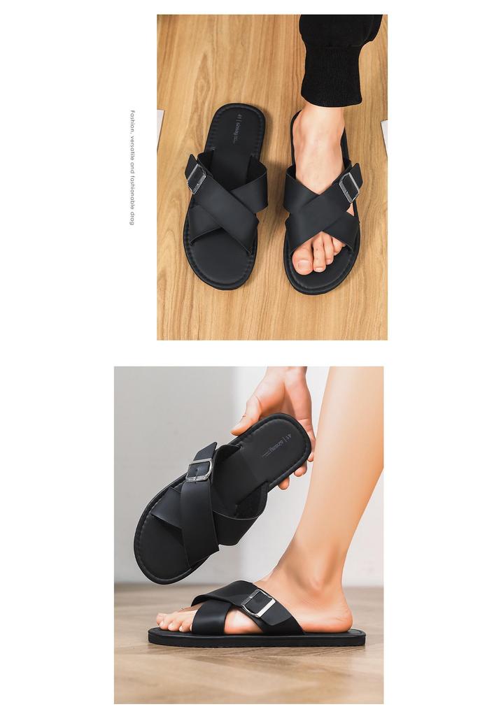 Men's Black One-Strap Flat Sandals - 2026 Summer High-End Fashion Beachwear