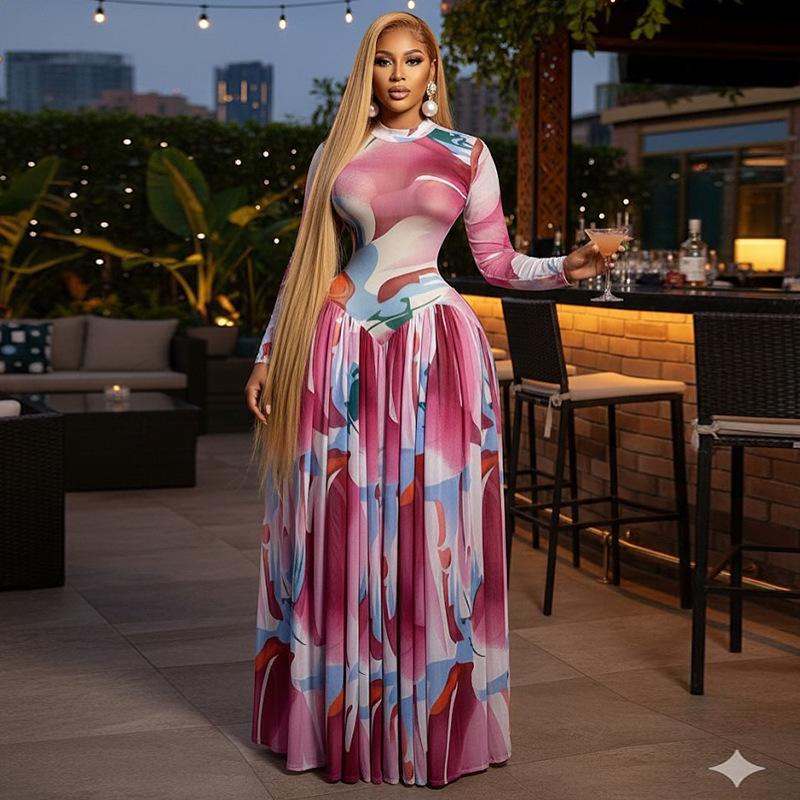 Women s 2026 Spring New Elegant Printed Slim-Fit Party Dress Pleated Dress S